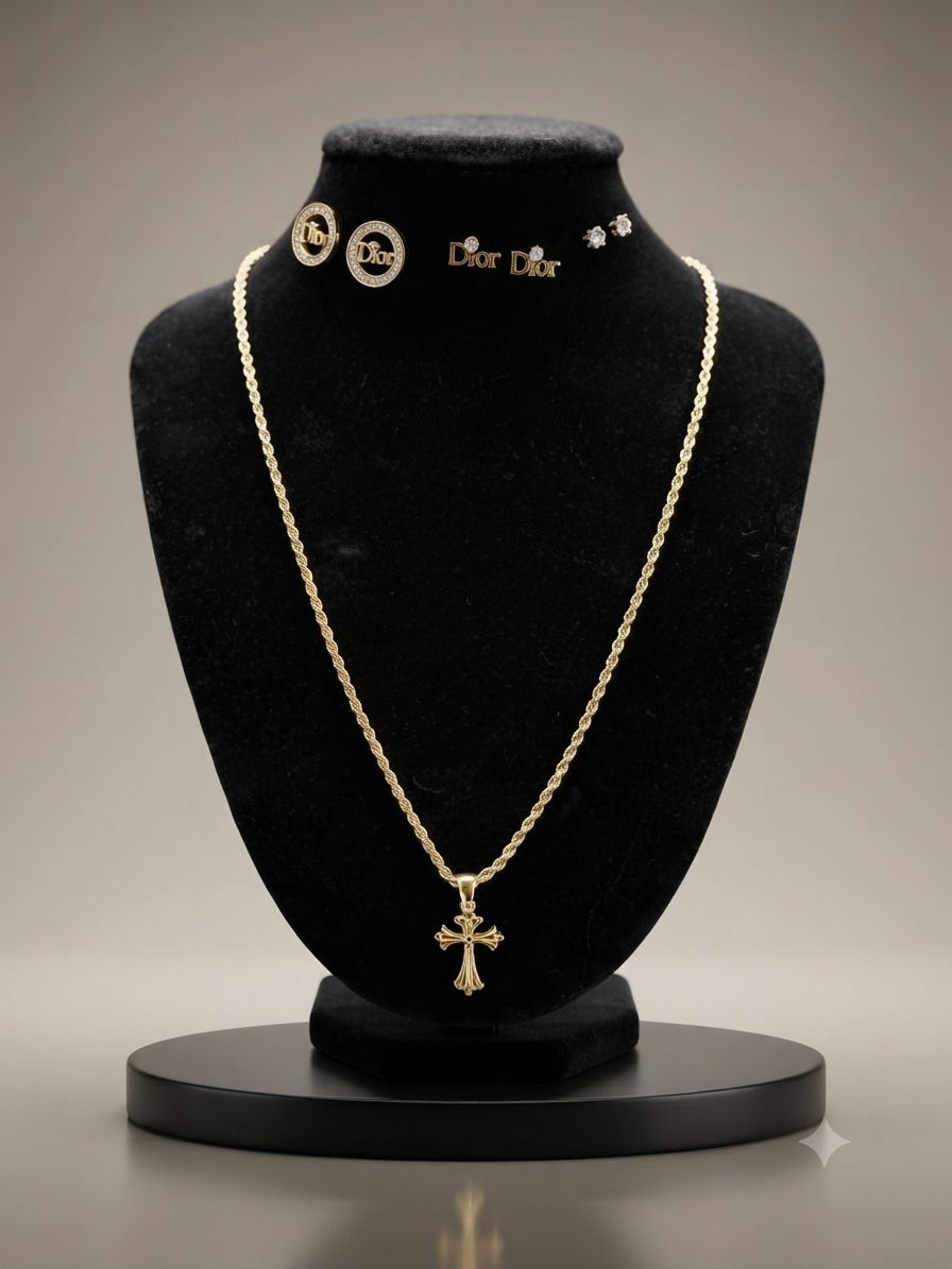 Combo Cadena Lazo, Dije Cruz + Aretes Gratis