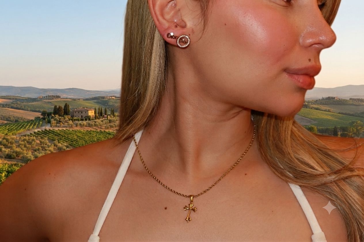 Combo Cadena Lazo, Dije Cruz + Aretes Gratis